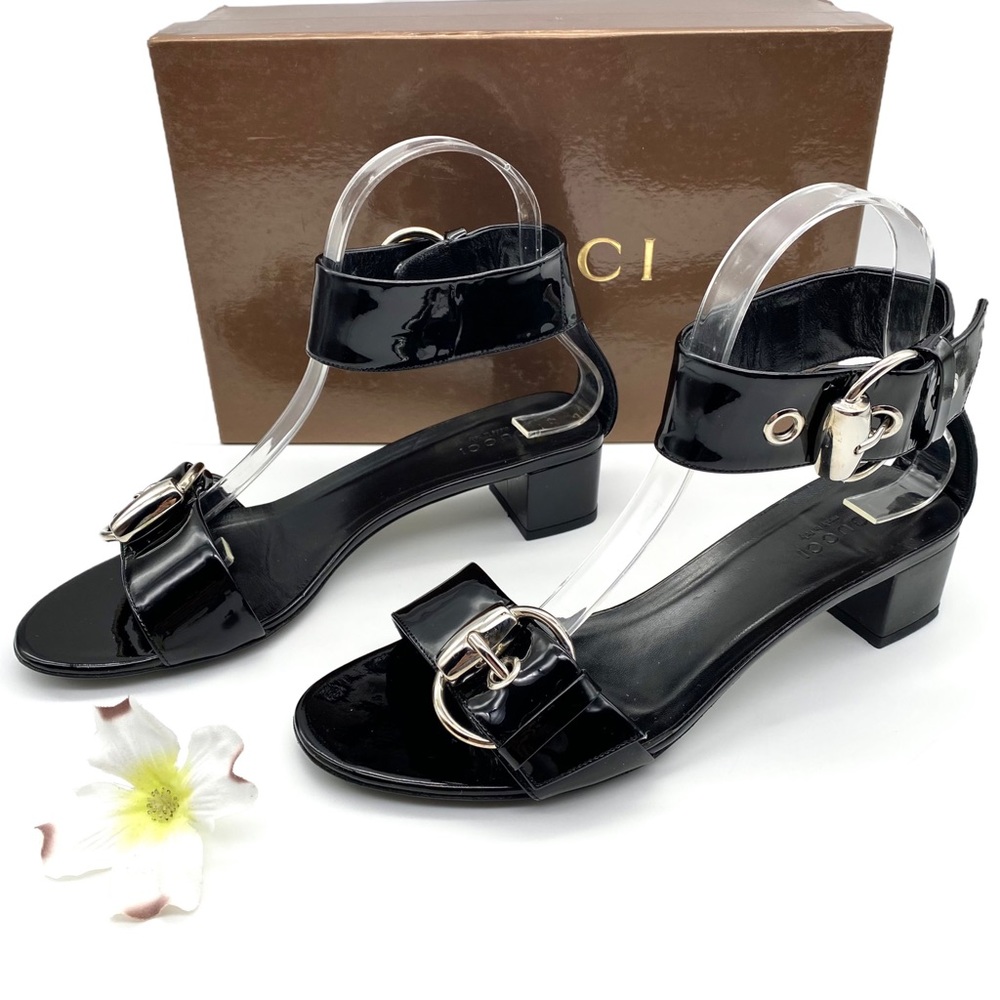 LIKE NEW Gucci Sand Pelle S Cuoio Vitello Vernice Soft Nero Sandals, 37 / 7 - Picture 7 of 16